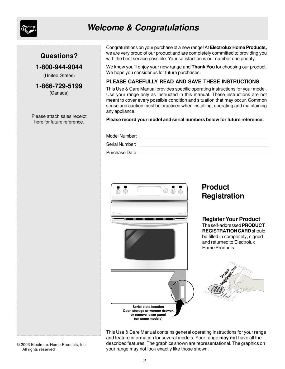 Frigidaire ES40, 316257124 manual Welcome & Congratulations, Register Your Product, Product Registration, Questions? 