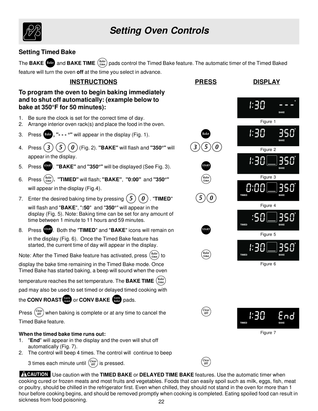 Frigidaire ES40 Setting Timed Bake, Setting Oven Controls, Instructions, Press, Display, the CONV ROAST or CONV BAKE pads 