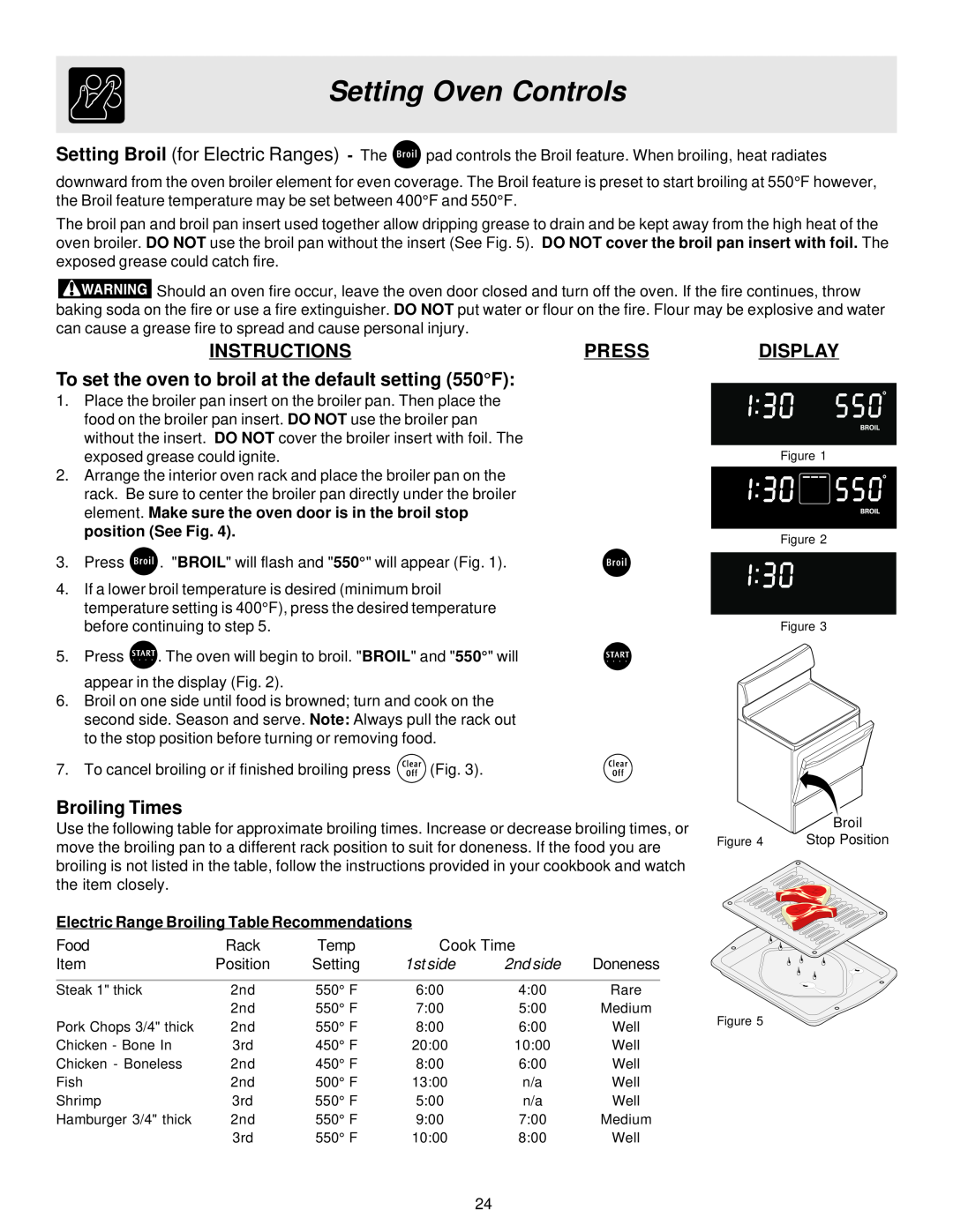Frigidaire ES40 To set the oven to broil at the default setting 550F, Broiling Times, Setting Oven Controls, Instructions 