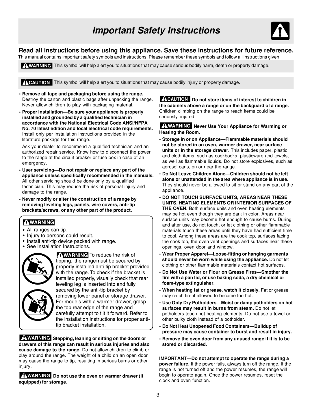 Frigidaire 316257124, ES40 manual Important Safety Instructions 