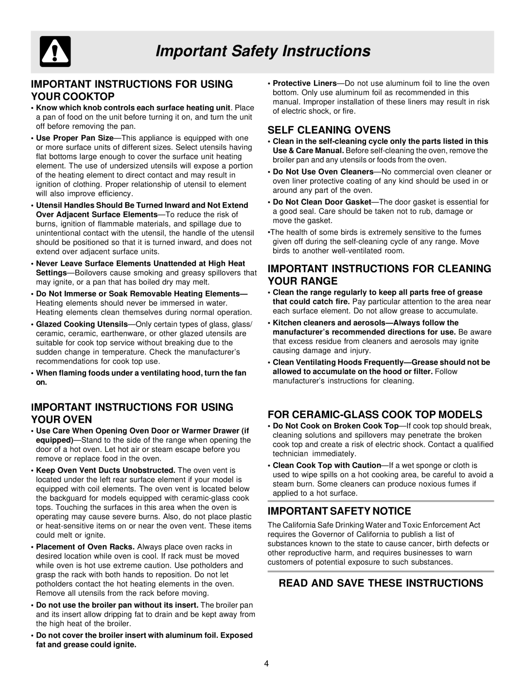 Frigidaire ES40 Important Instructions For Using Your Cooktop, Self Cleaning Ovens, For Ceramic-Glass Cook Top Models 