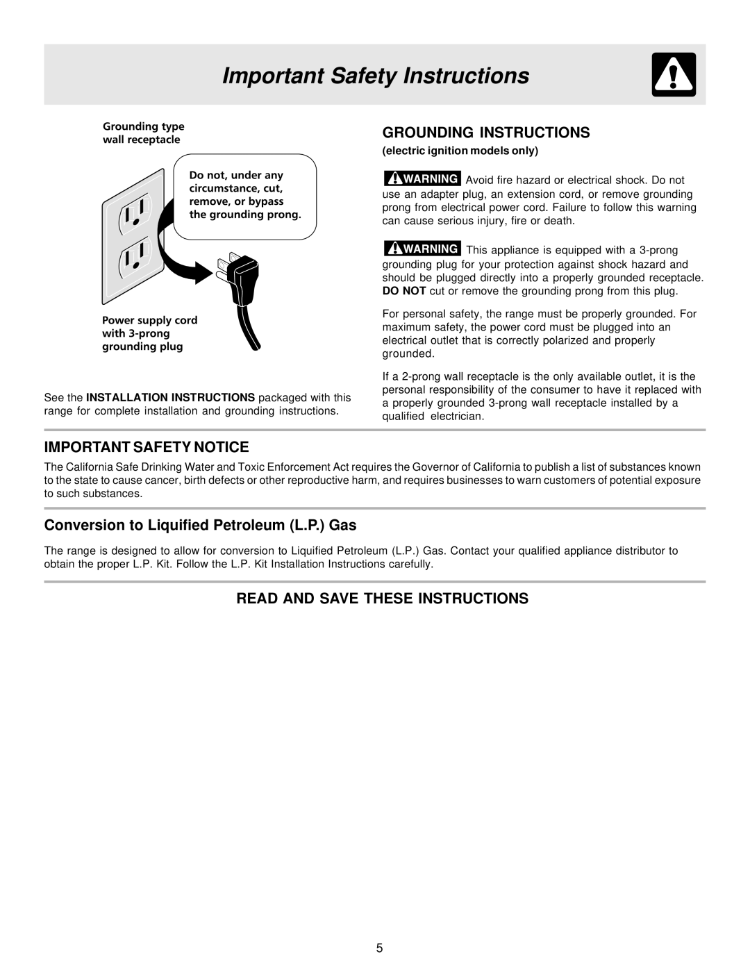 Frigidaire ES400 manual Grounding Instructions, Important Safety Notice, Conversion to Liquified Petroleum L.P. Gas 