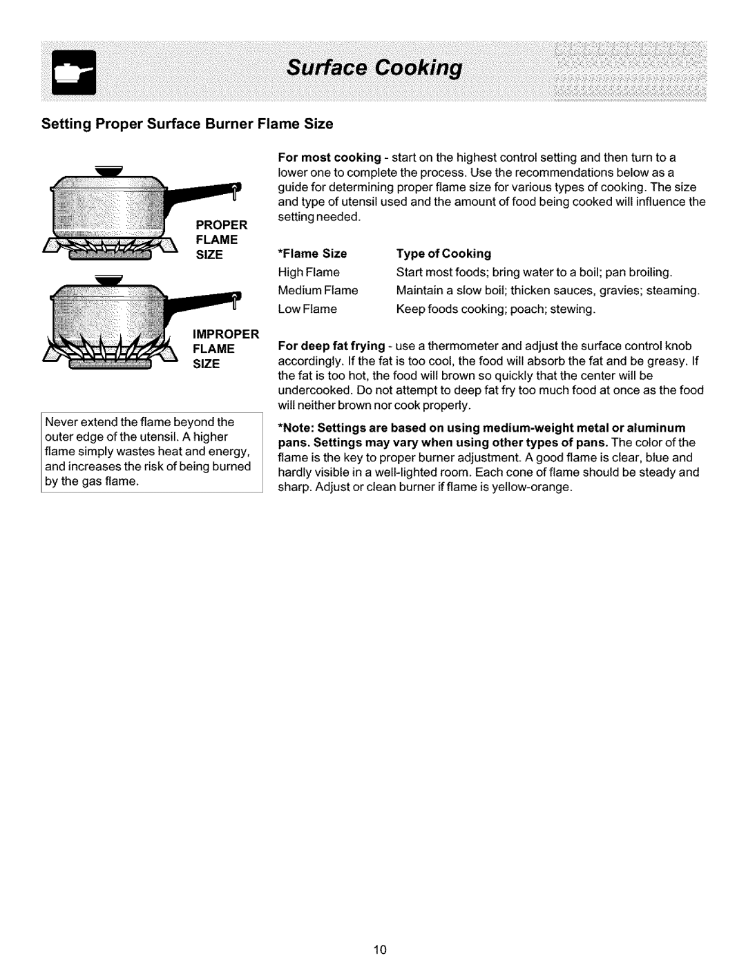 Frigidaire ES400 manual Setting Proper Surface Burner Flame Size, Flame Size Type of Cooking 