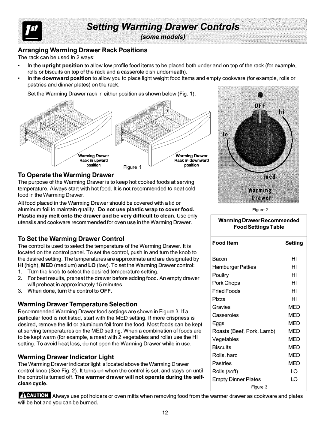 Frigidaire ES400 To Operate the Warming Drawer, To Set the Warming Drawer Control, Warming Drawer Temperature Selection 