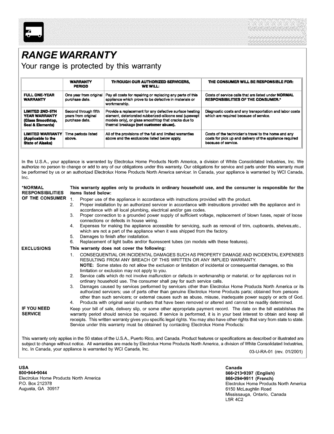 Frigidaire ES400 manual Range Warranty 