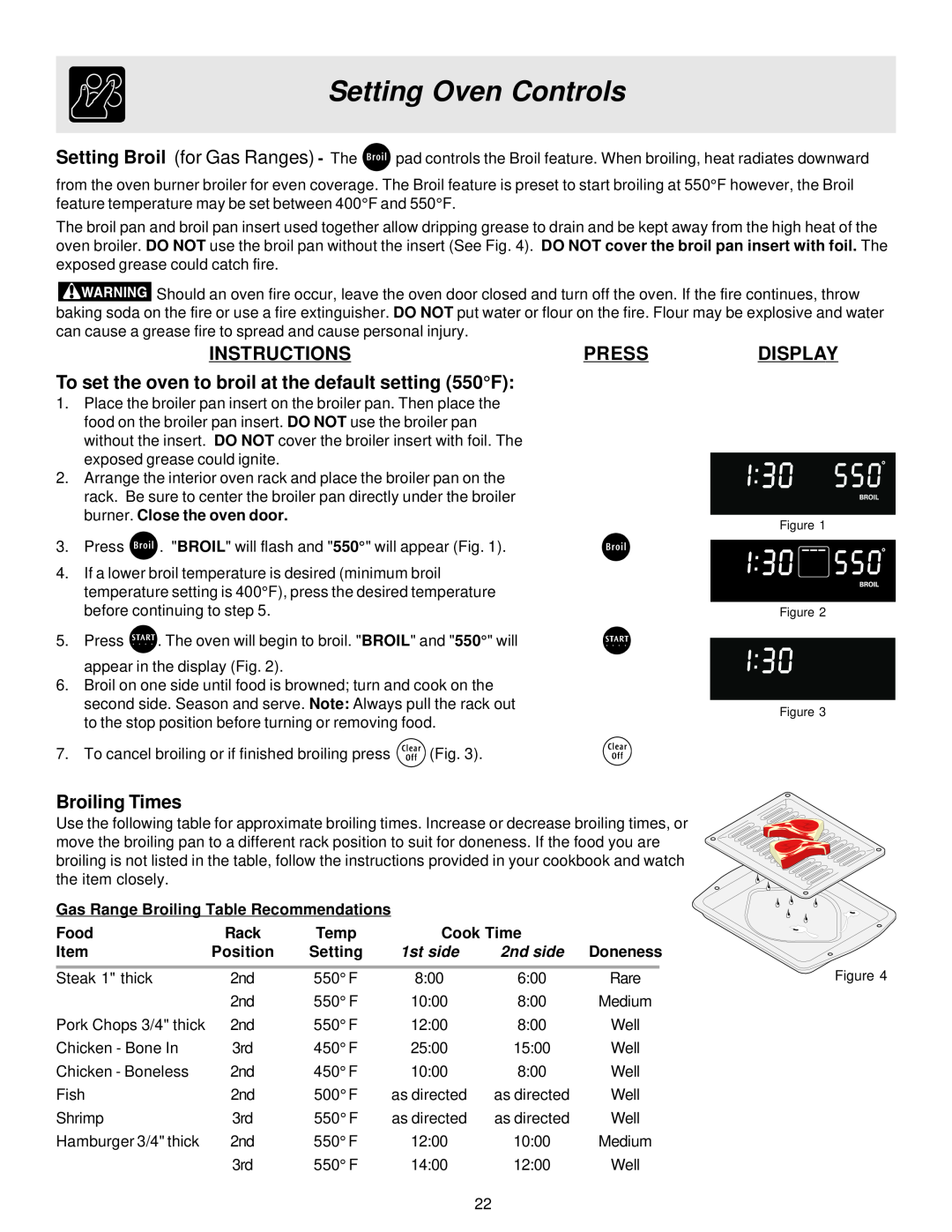Frigidaire ES400 To set the oven to broil at the default setting 550F, Broiling Times, Setting Oven Controls, Instructions 
