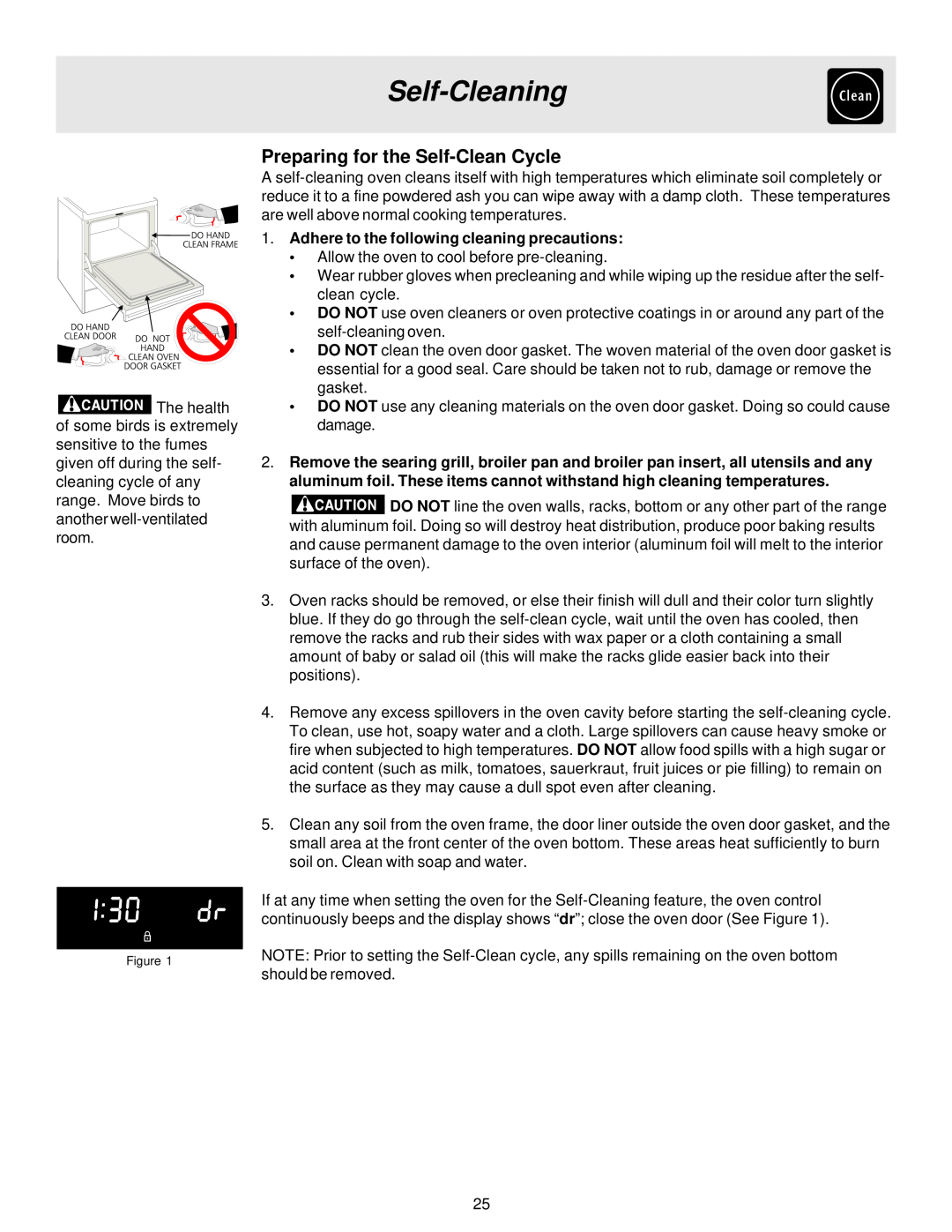 Frigidaire ES400 manual Self-Cleaning, Preparing for the Self-Clean Cycle, Adhere to the following cleaning precautions 