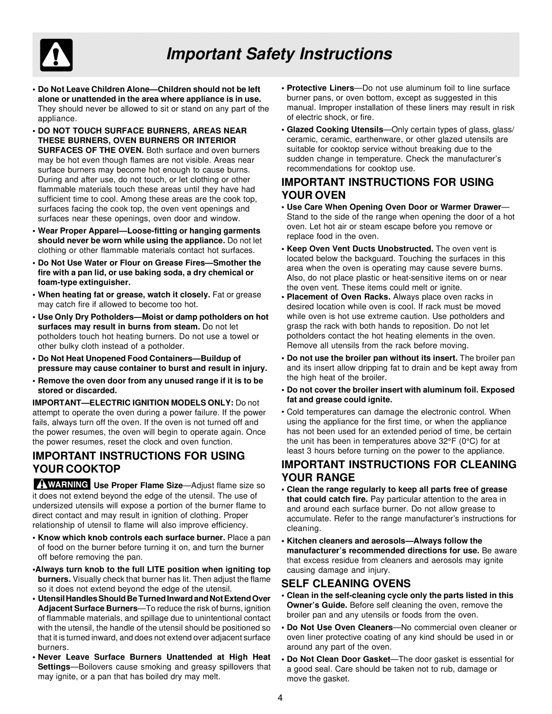 Frigidaire ES400 manual Important Instructions For Using Your Cooktop, Important Instructions For Using Your Oven 
