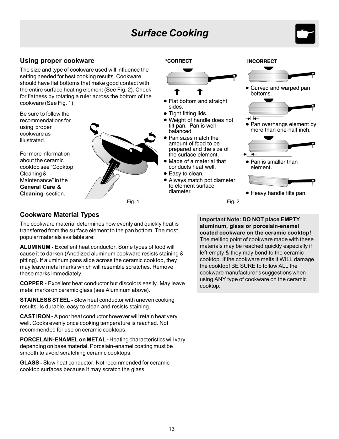 Frigidaire ES530 manual Surface Cooking, Using proper cookware, Cookware Material Types, General Care Cleaning section 