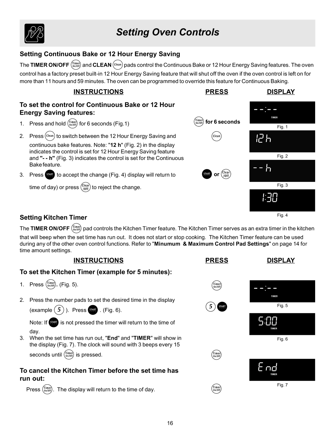 Frigidaire ES530 manual Setting Continuous Bake or 12 Hour Energy Saving, Setting Kitchen Timer 