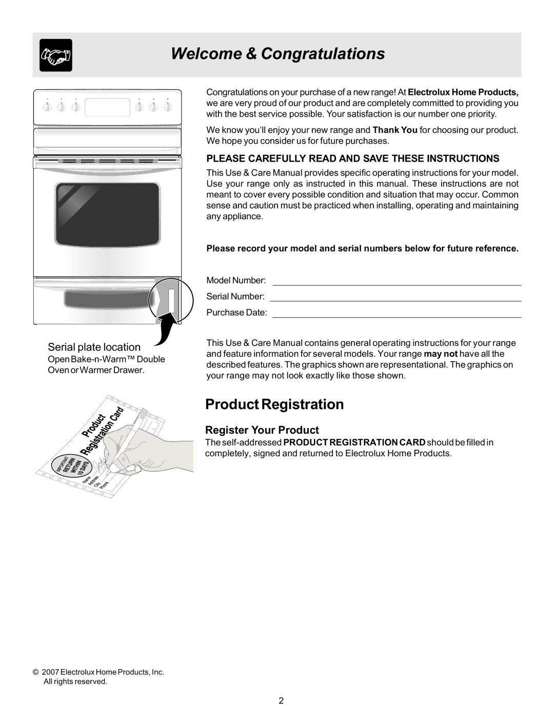Frigidaire ES530 manual Welcome & Congratulations, Register Your Product 