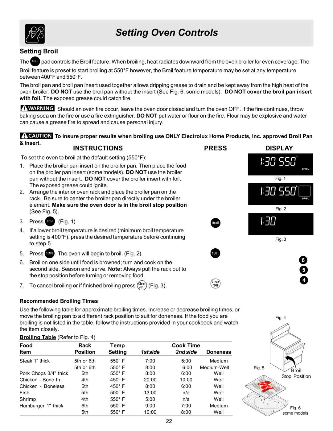 Frigidaire ES530 manual Setting Broil, Recommended Broiling Times, Food Rack Temp Cook Time Position Setting 