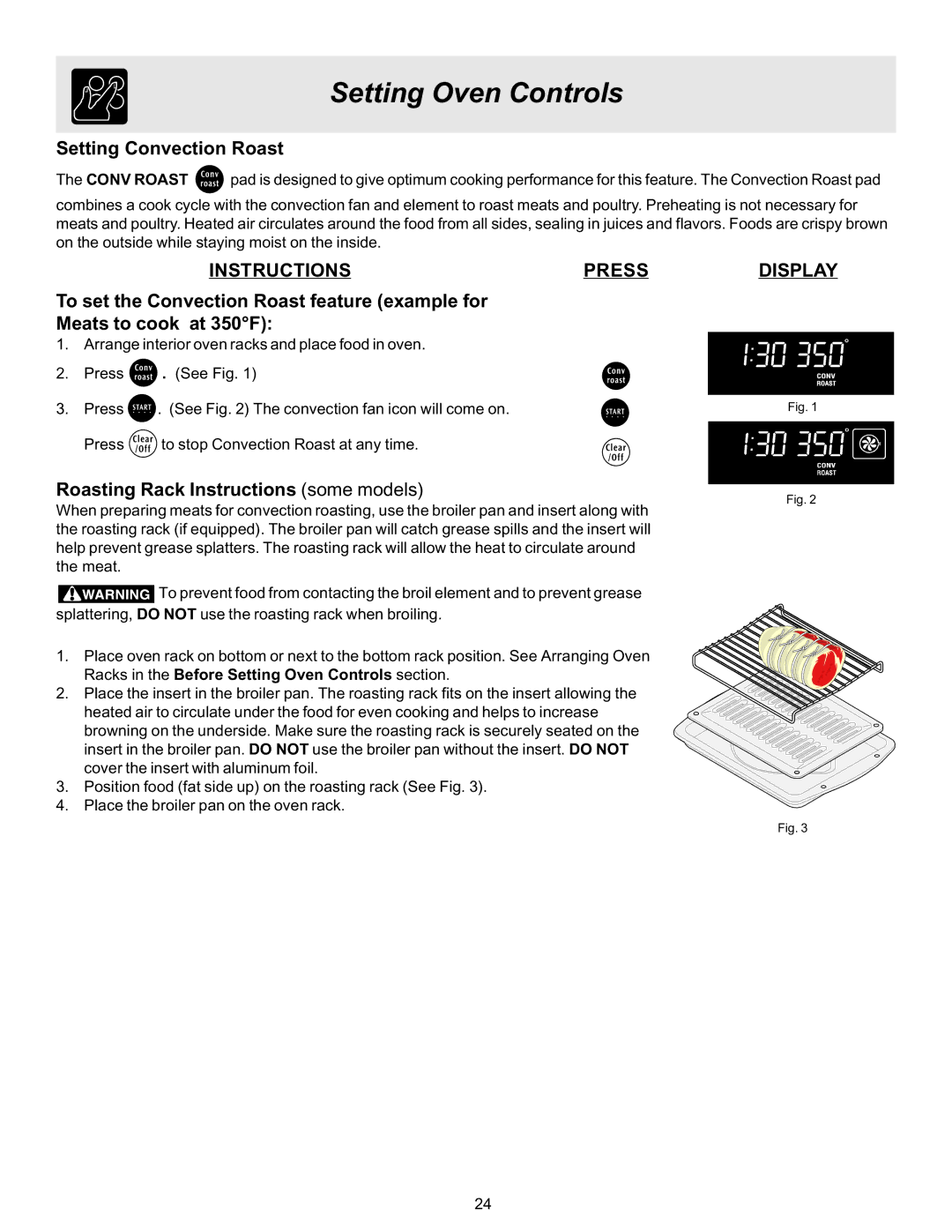 Frigidaire ES530 manual Setting Convection Roast, Roasting Rack Instructions some models 