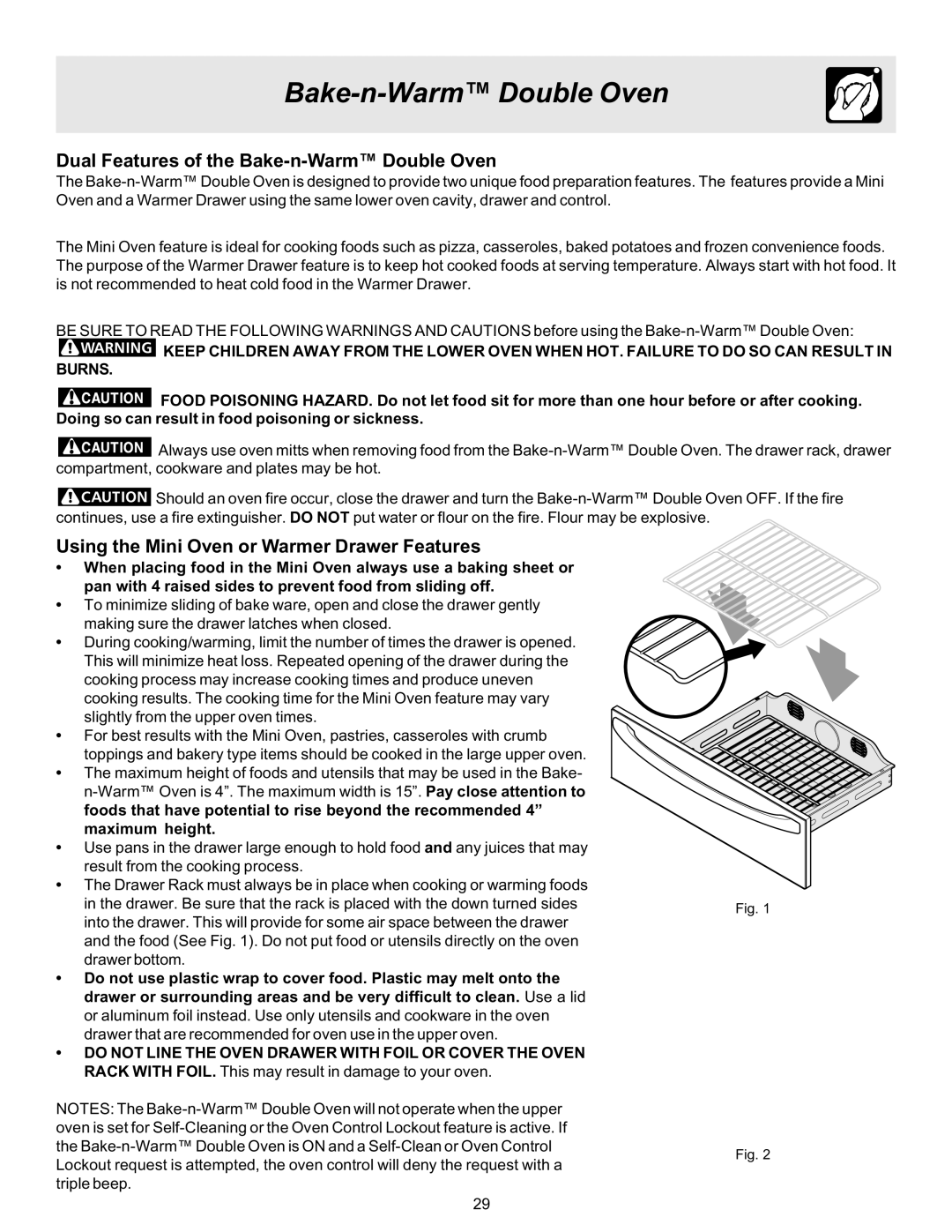 Frigidaire ES530 manual Dual Features of the Bake-n-Warm Double Oven, Using the Mini Oven or Warmer Drawer Features 