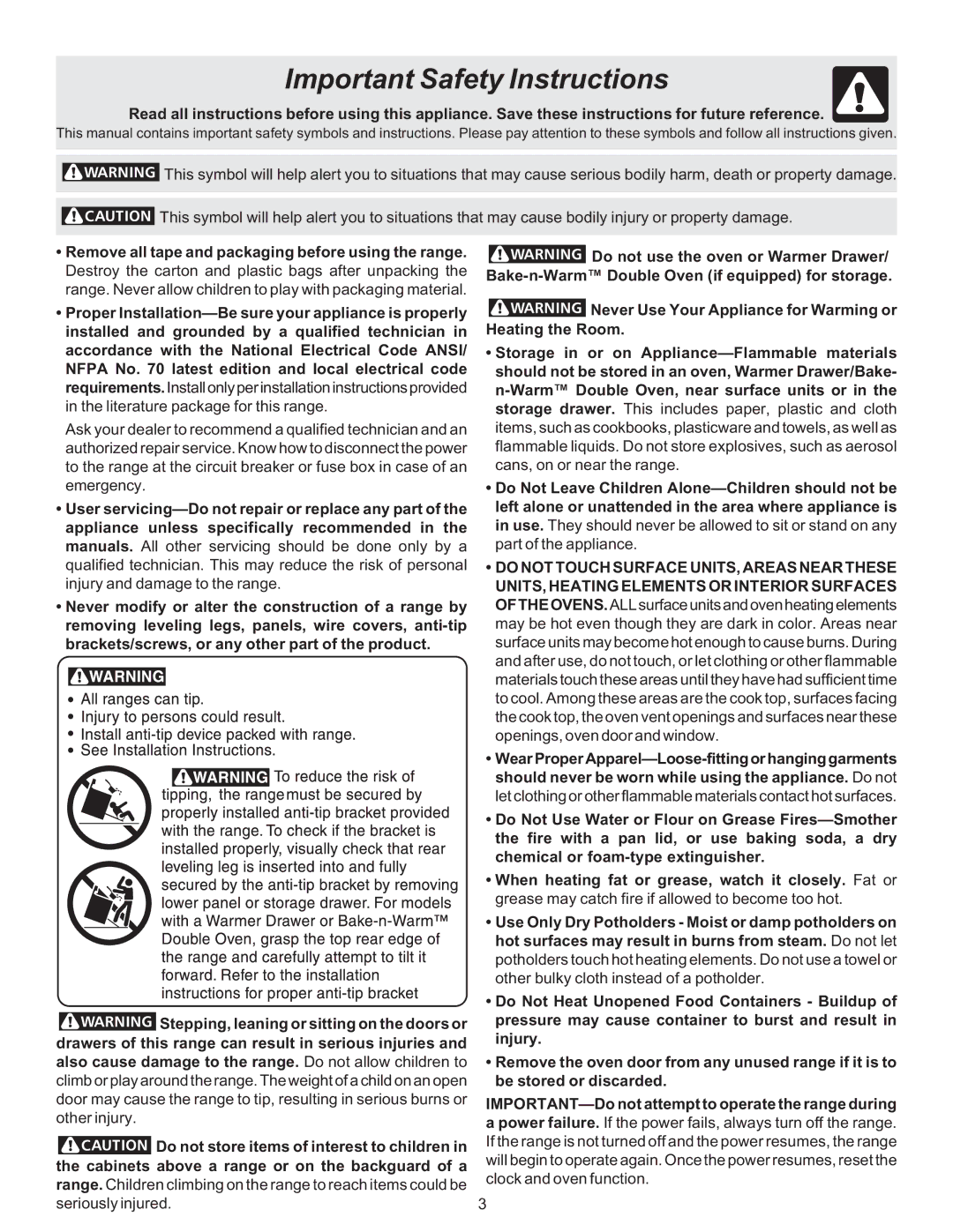 Frigidaire ES530 manual Important Safety Instructions 