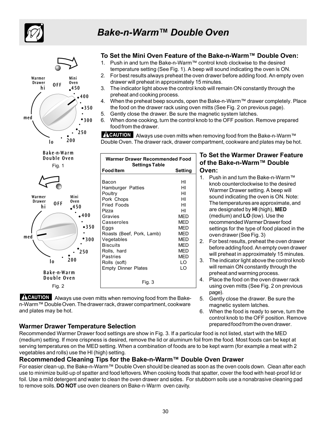 Frigidaire ES530 manual To Set the Mini Oven Feature of the Bake-n-Warm Double Oven, Food Item Settings Table 