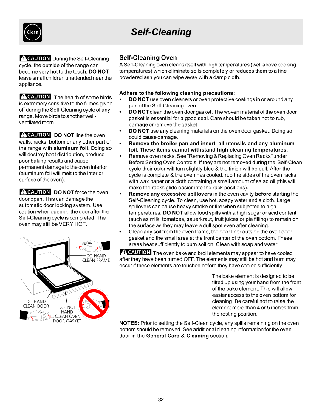 Frigidaire ES530 manual Self-Cleaning Oven, Adhere to the following cleaning precautions 