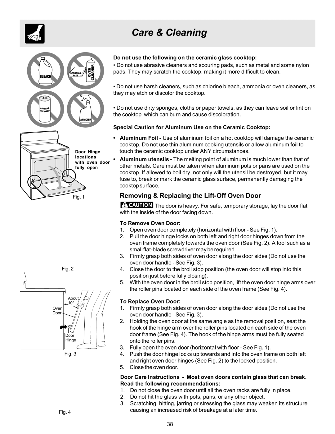 Frigidaire ES530 manual Removing & Replacing the Lift-Off Oven Door, Do not use the following on the ceramic glass cooktop 