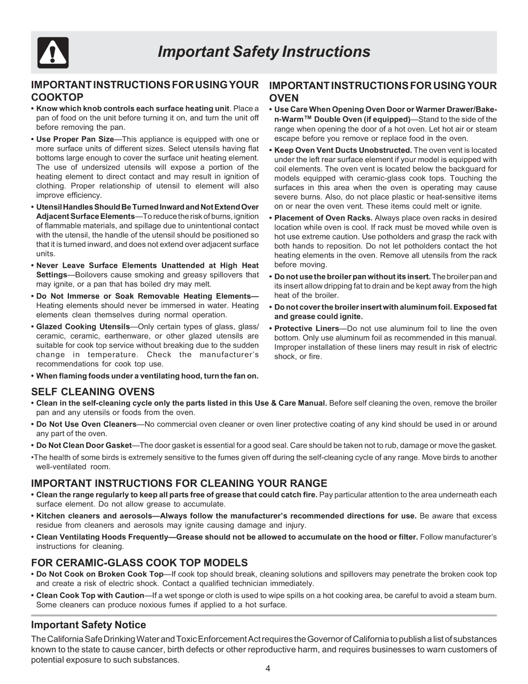 Frigidaire ES530 manual Important Instructions for Usingyour Cooktop, Important Safety Notice 