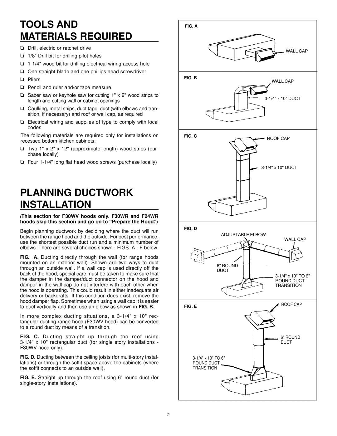 Frigidaire F30WR, F24WR, F30WV installation instructions Tools and Materials Required, Planning Ductwork Installation 