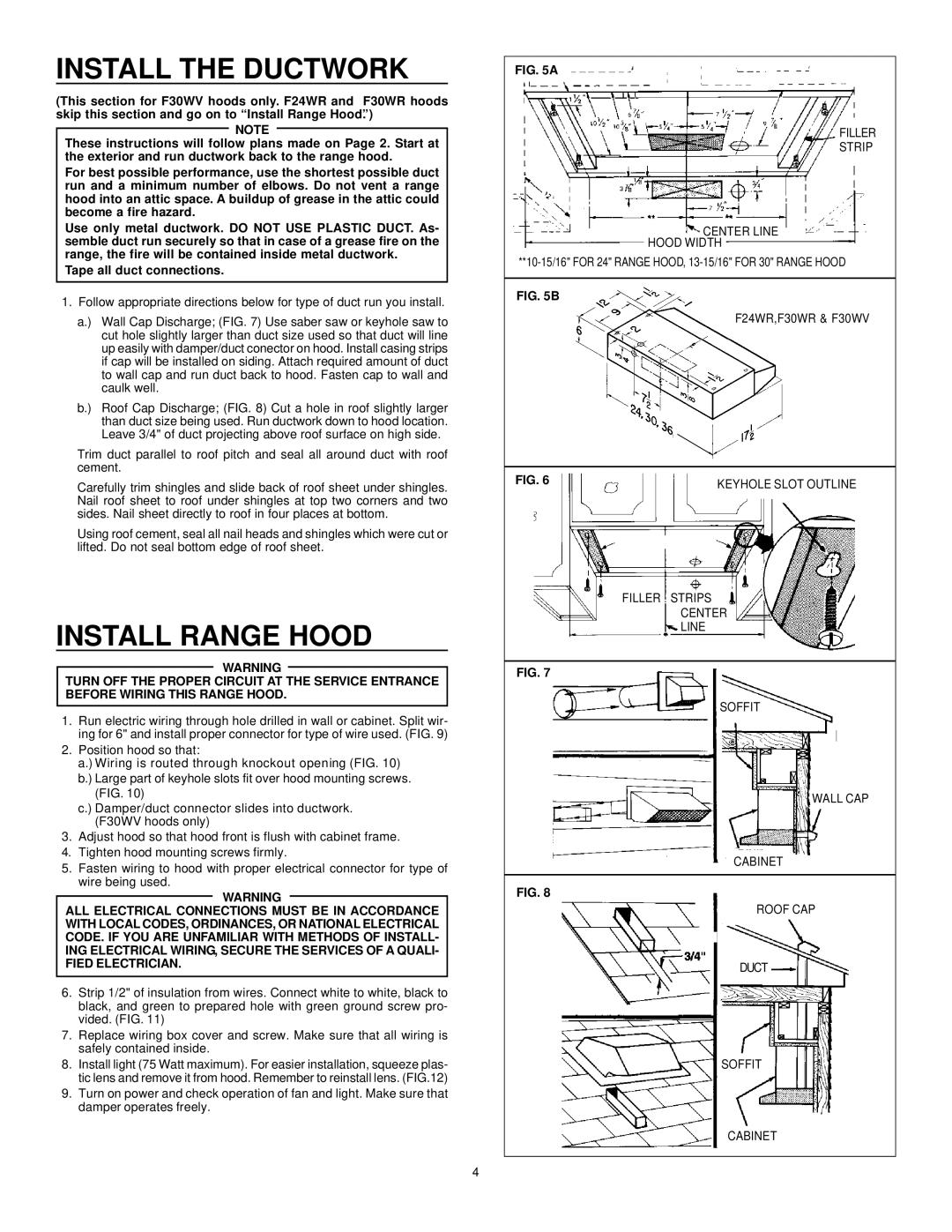 Frigidaire F30WV, F24WR, F30WR installation instructions Install the Ductwork, Install Range Hood, Tape all duct connections 