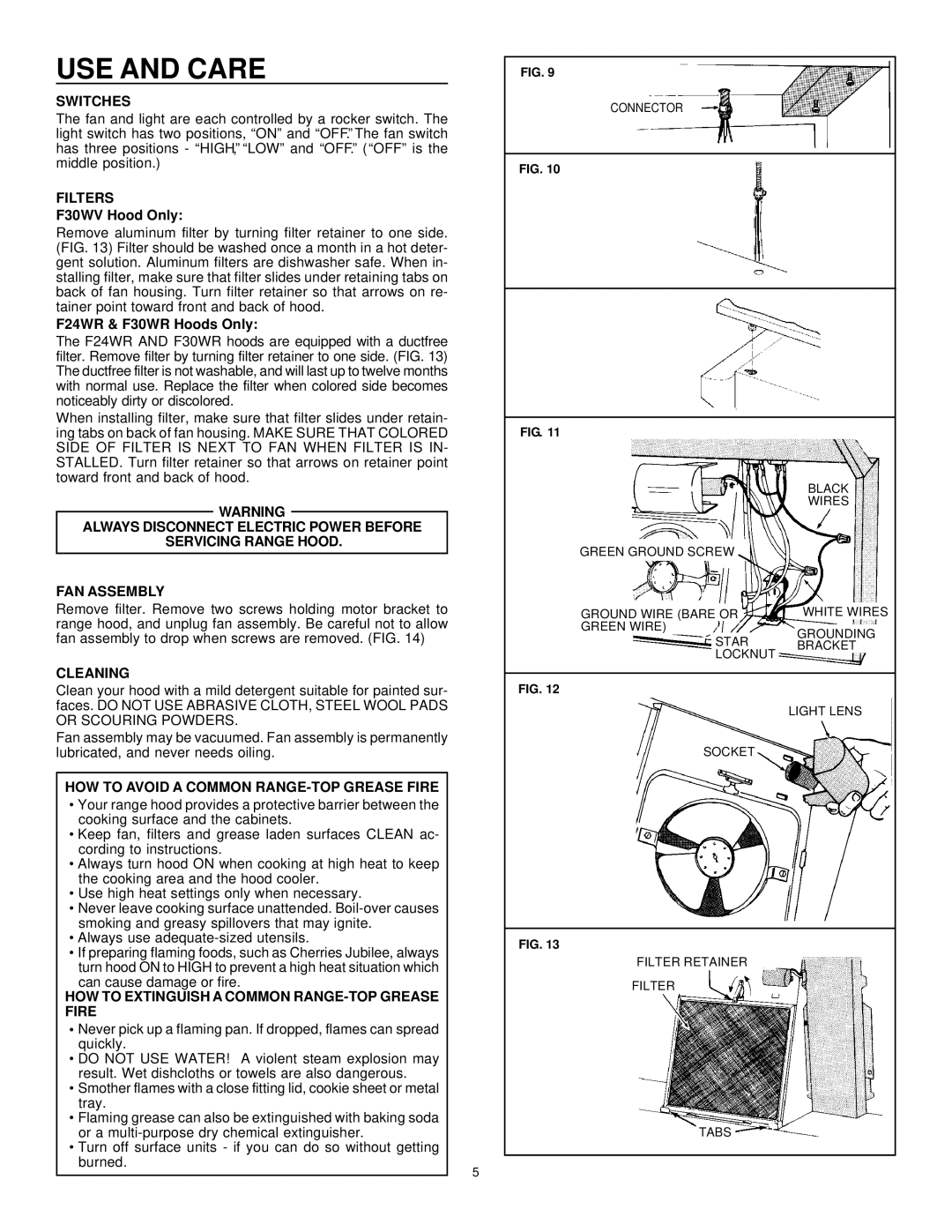 Frigidaire F30WR, F24WR, F30WV installation instructions USE and Care 