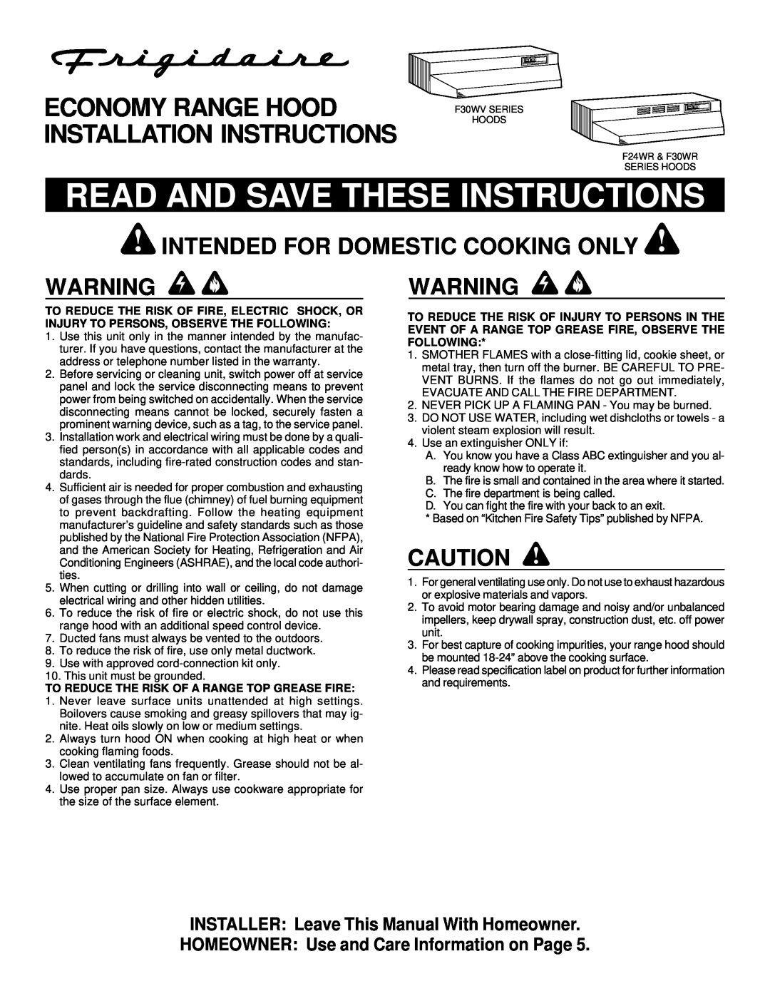 Frigidaire F30WV, F24WR installation instructions Intended For Domestic Cooking Only, Read And Save These Instructions 