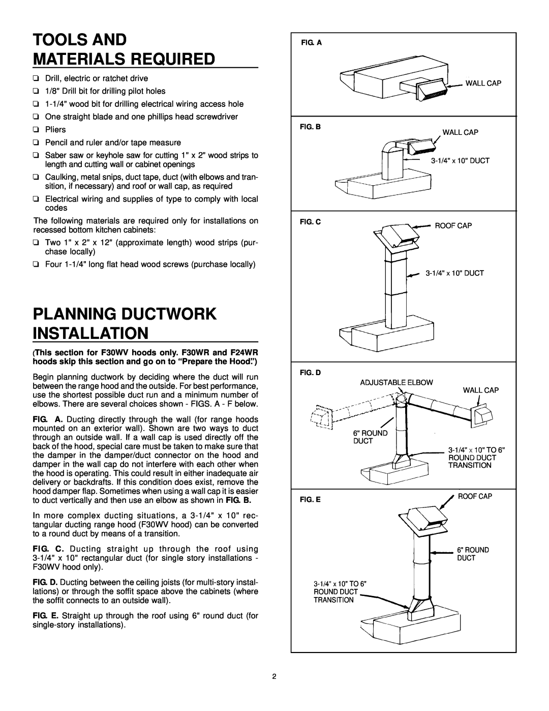 Frigidaire F30WR, F24WR, F30WV installation instructions Tools And Materials Required, Planning Ductwork Installation 