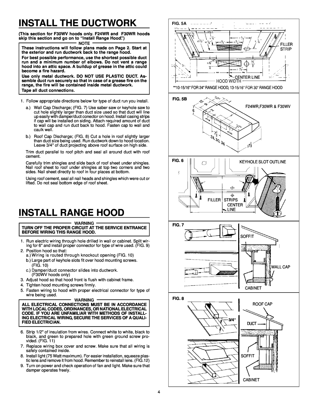 Frigidaire F30WV, F24WR, F30WR installation instructions Install The Ductwork, Install Range Hood 