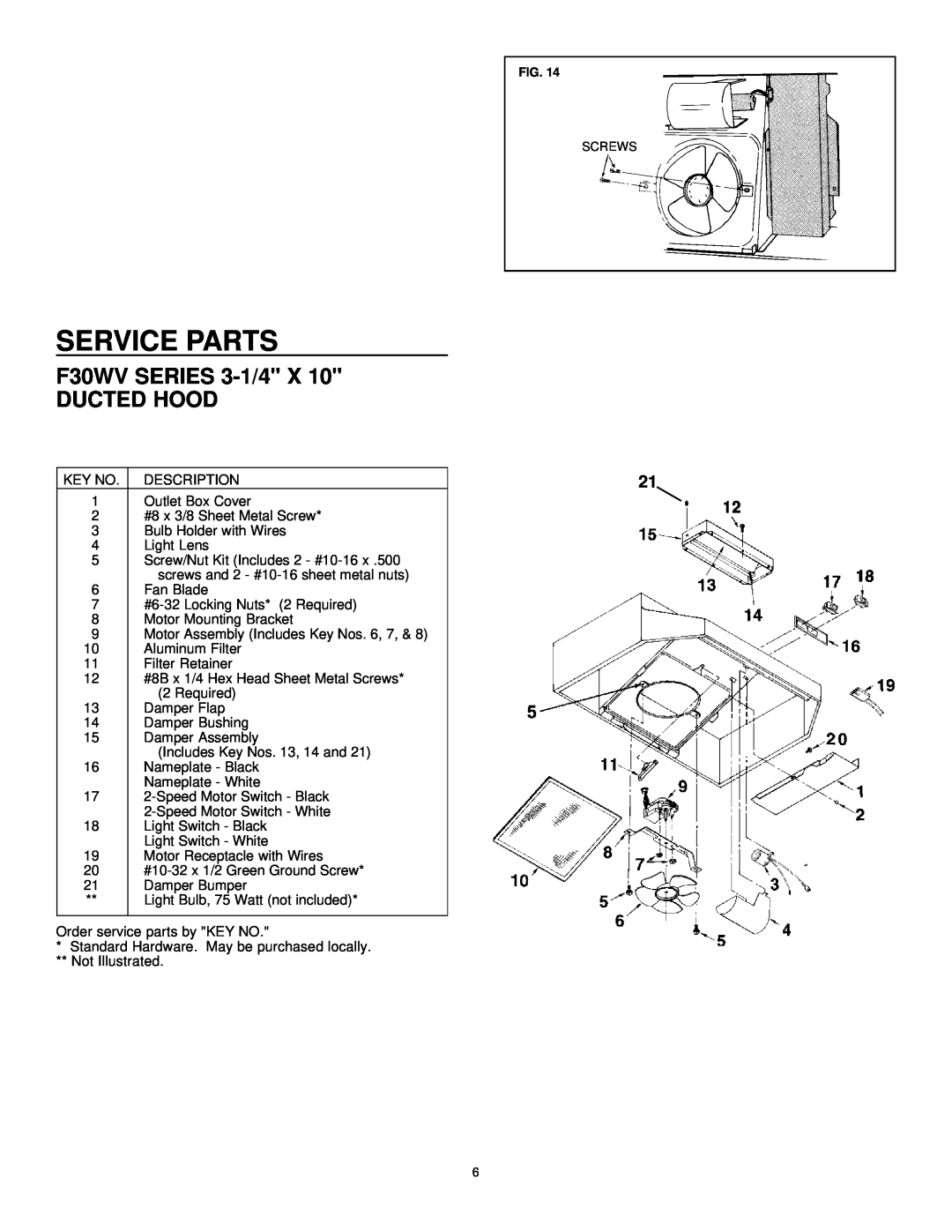 Frigidaire F24WR, F30WR installation instructions Service Parts, F30WV SERIES 3-1/4 X DUCTED HOOD 
