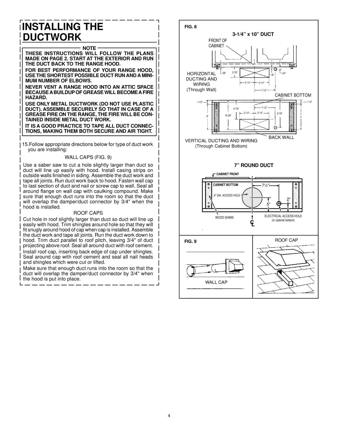 Frigidaire F36WC, F30WC warranty Installing Ductwork, 4 x 10 Duct, Wall Caps FIG, Roof Caps, Round Duct 