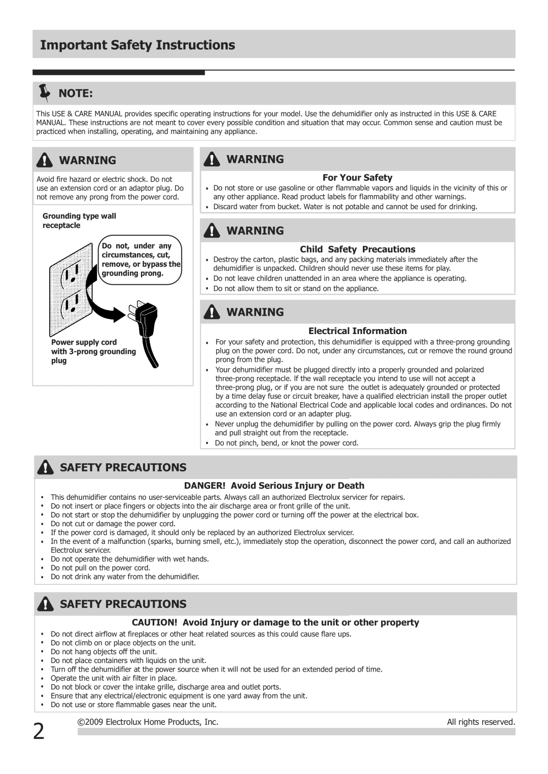 Frigidaire FAD301NUD Important Safety Instructions, For Your Safety, Child Safety Precautions, Electrical Information 