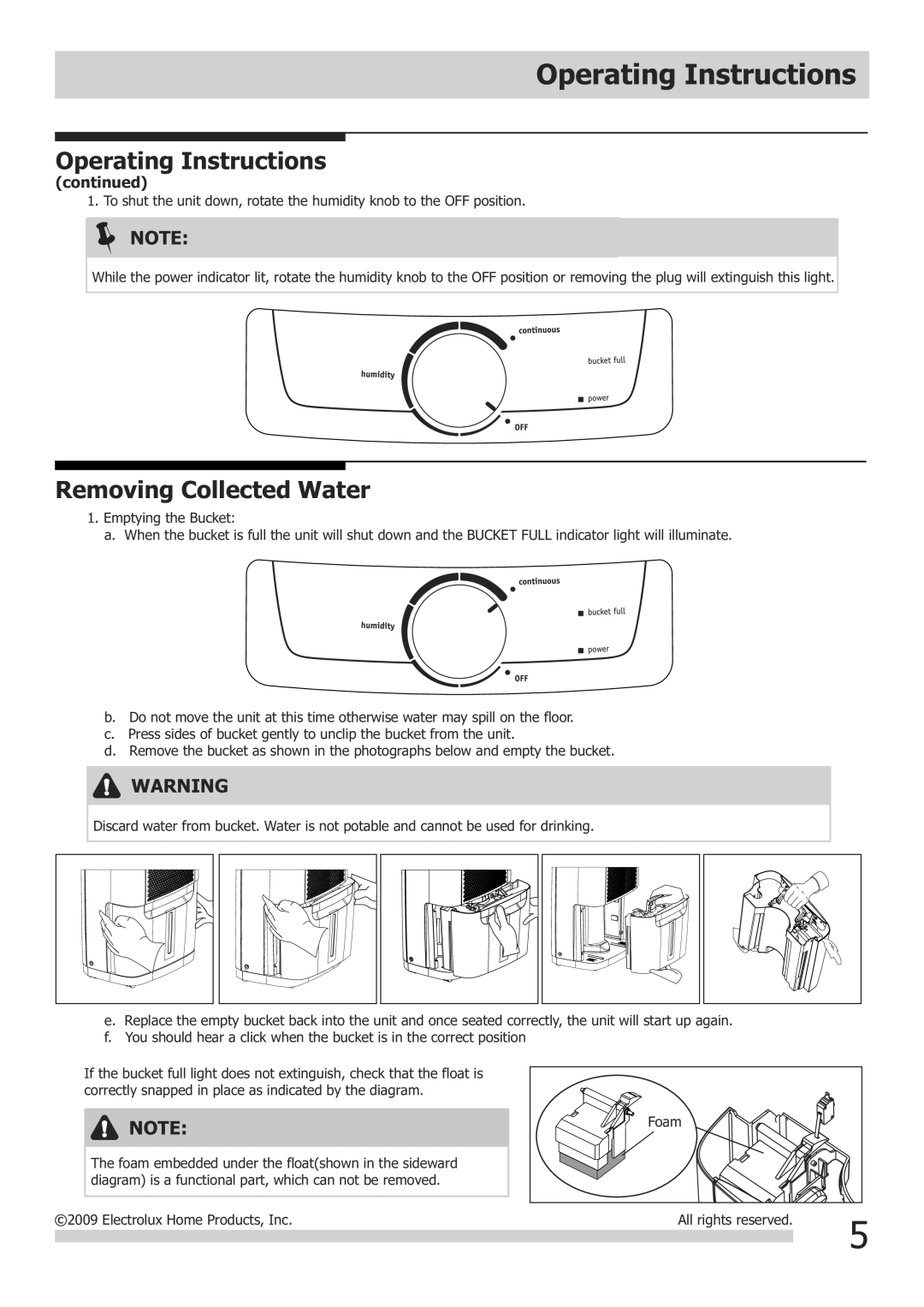 Frigidaire 2020264A0525, FAD301NUD important safety instructions Removing Collected Water 