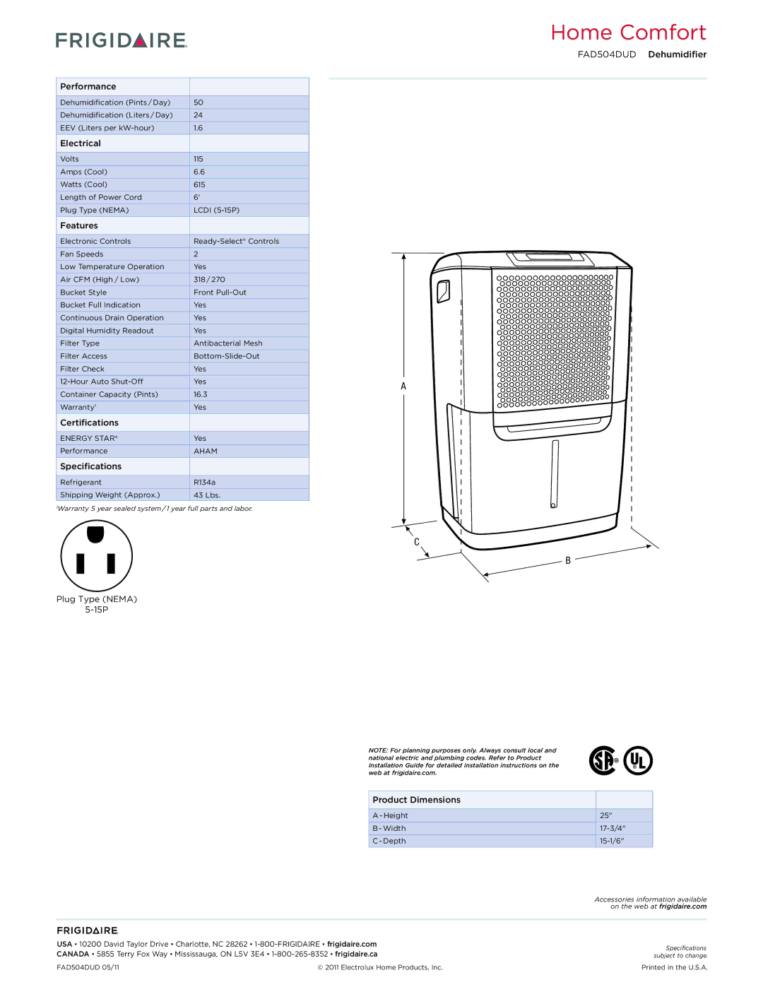 Frigidaire FAD504DUD dimensions Performance, Electrical, Features, Certifications, Specifications, Plug Type Nema 15P 