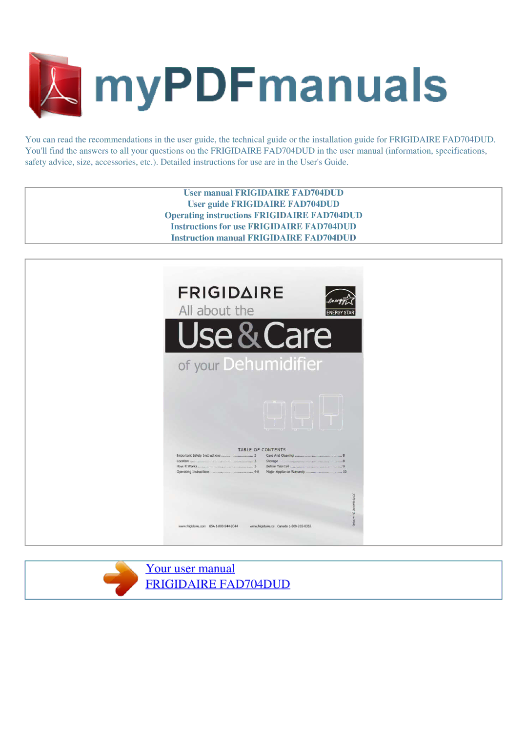 Frigidaire FAD704DUD, FAD704DWD, FAD504DUD, FAD504DWD important safety instructions Use&Care 