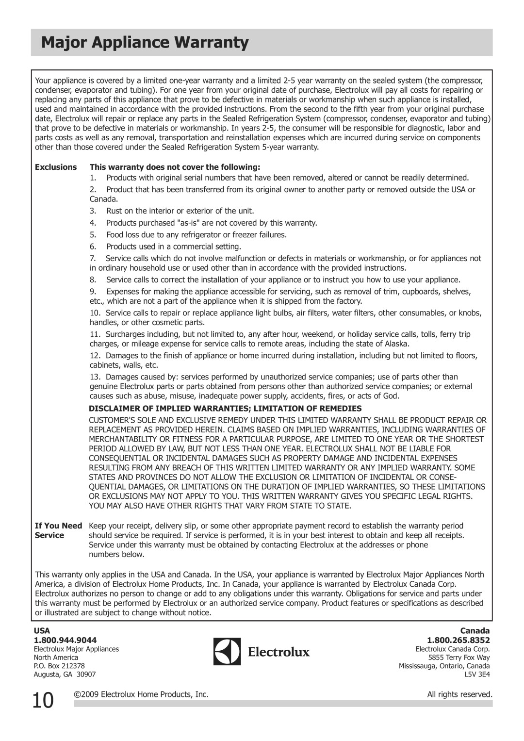 Frigidaire FAD504DUD, FAD704DWD, FAD704DUD Major Appliance Warranty, Exclusions This warranty does not cover the following 