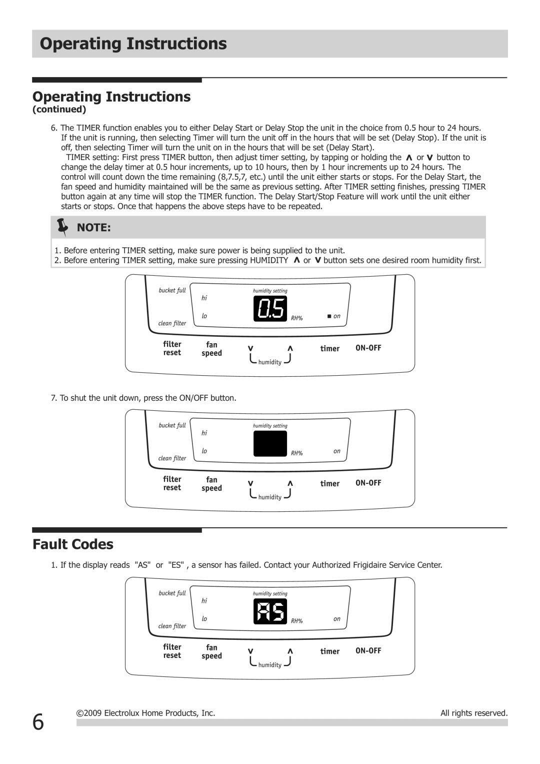 Frigidaire FAD504DUD, FAD704DWD, FAD704DUD, FAD504DWD important safety instructions Fault Codes 