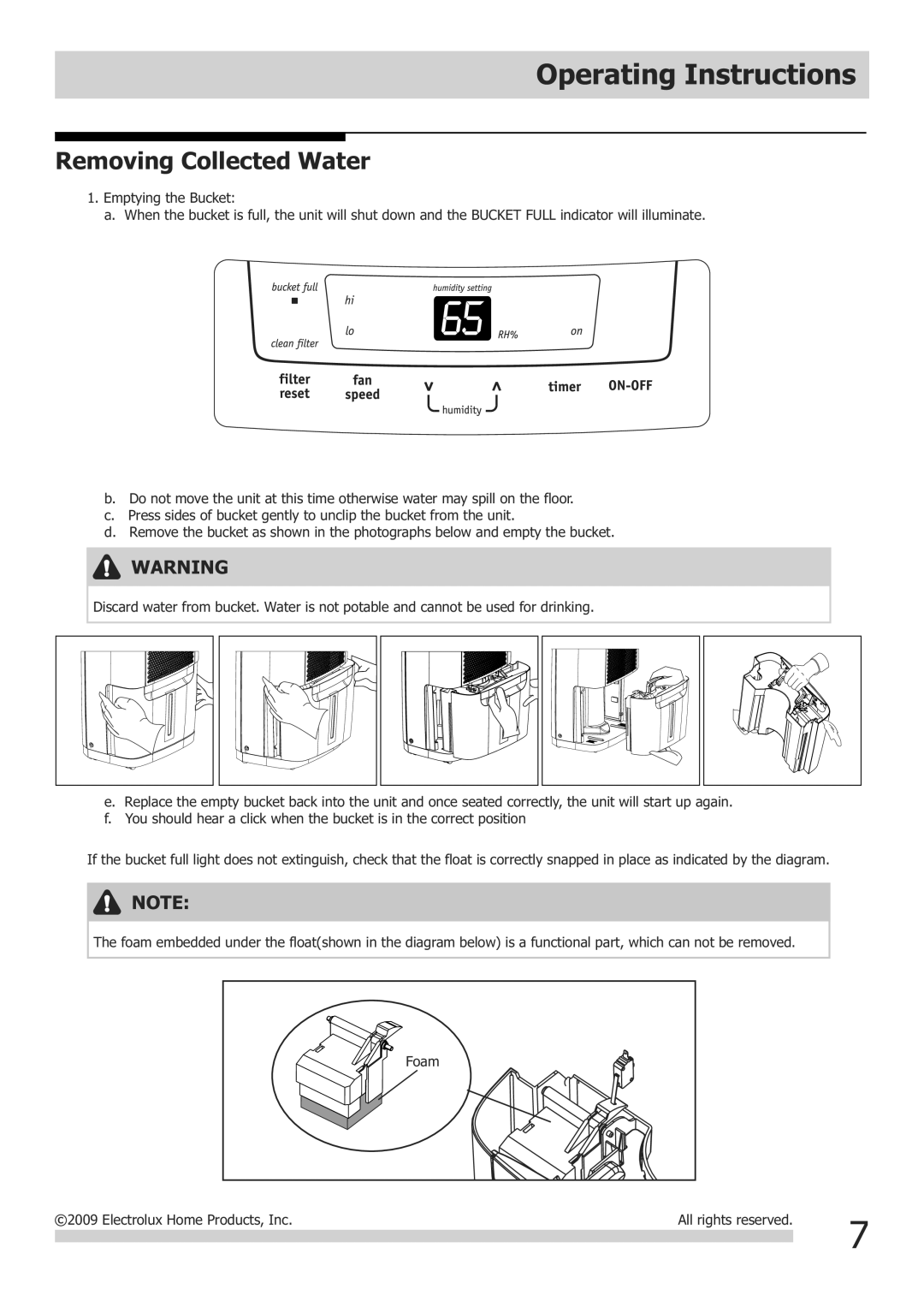 Frigidaire FAD504DWD, FAD704DWD, FAD704DUD, FAD504DUD important safety instructions Removing Collected Water 