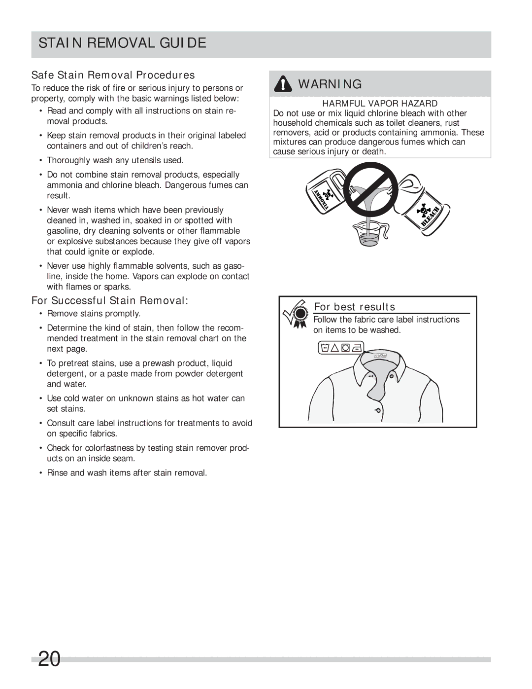 Frigidaire STACKIT4X, FAFS4073NA Stain Removal Guide, Safe Stain Removal Procedures, For Successful Stain Removal 