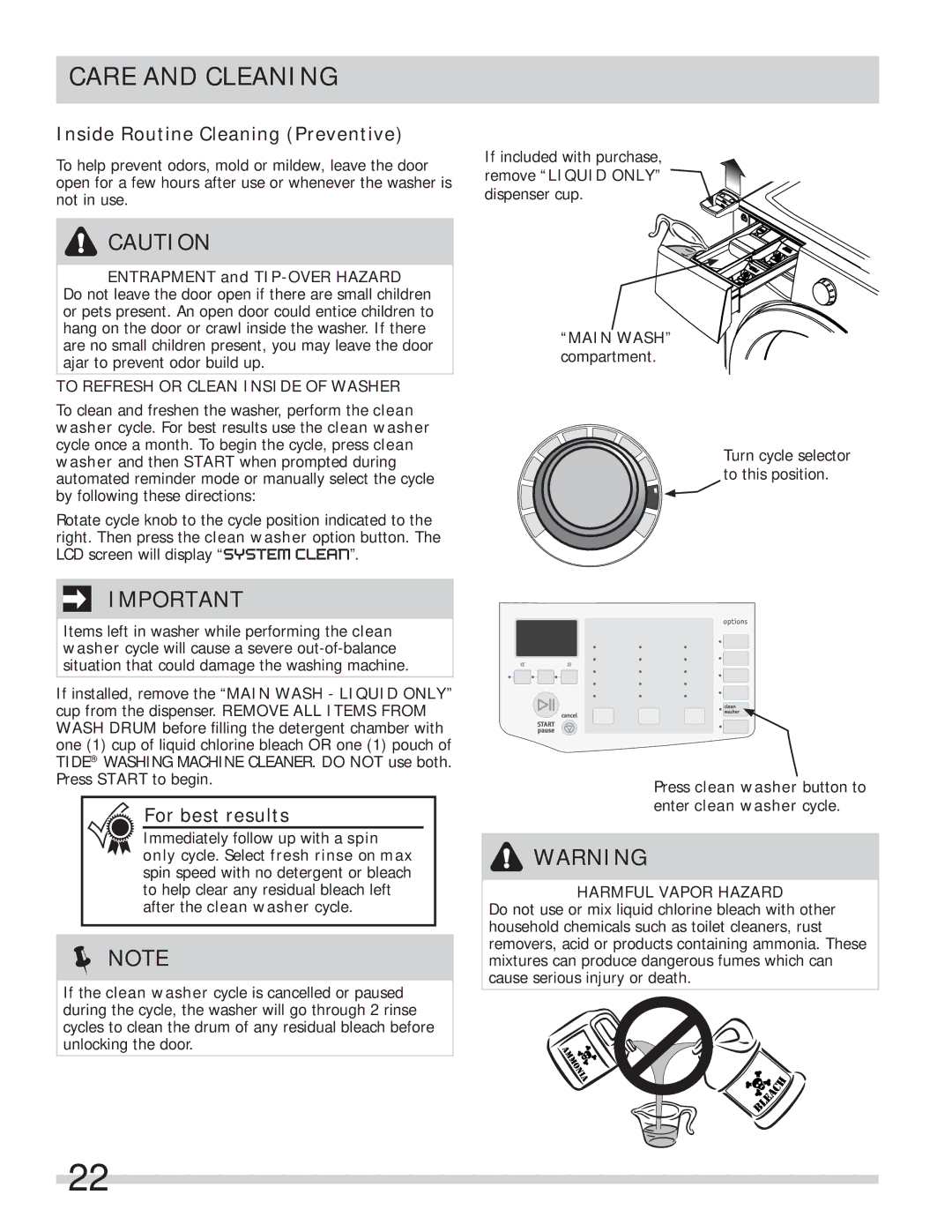 Frigidaire FAQG7111LW-PKG Care and Cleaning, Inside Routine Cleaning Preventive, To Refresh or Clean Inside of Washer 