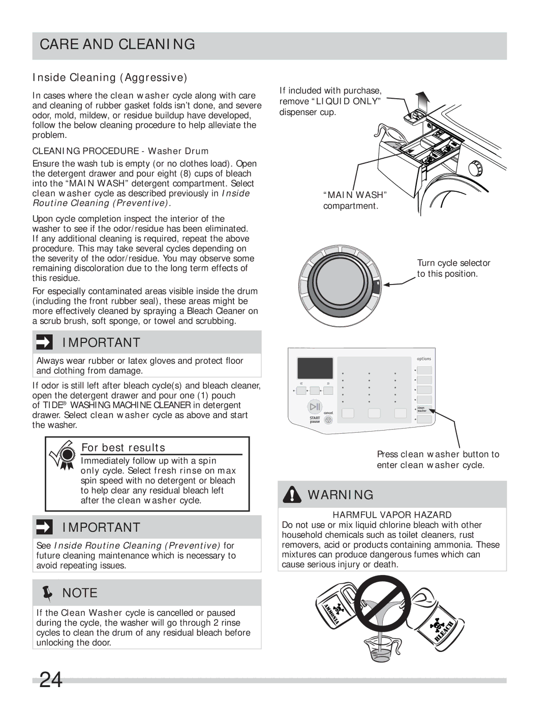 Frigidaire FAFS4073NA, FAFS4073NW, FAFS4073NR, 137502100A11122 Inside Cleaning Aggressive, Cleaning Procedure Washer Drum 