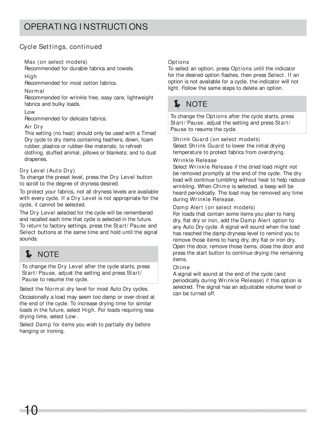 Frigidaire FAQE7111LW-PKG, FAQE7001LW, 137337100B12022 important safety instructions Cycle Settings 