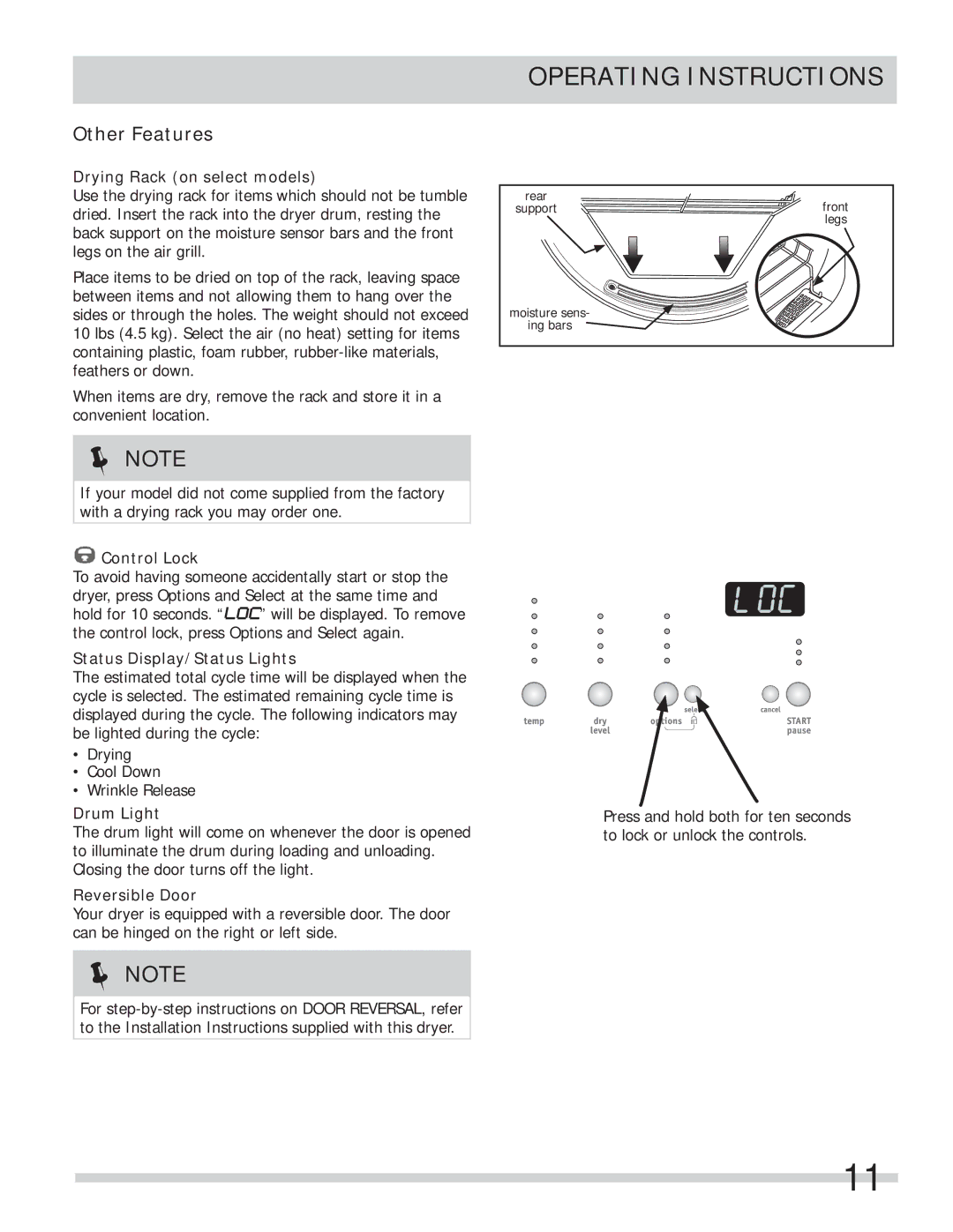 Frigidaire 137337100B12022, FAQE7001LW, FAQE7111LW-PKG important safety instructions Other Features 