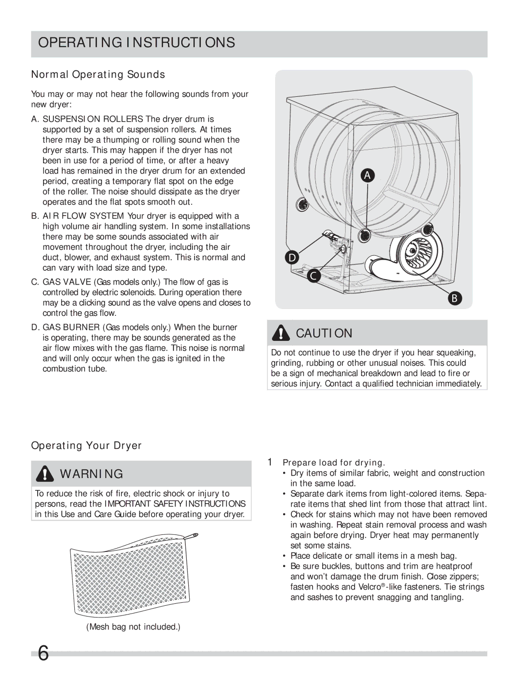 Frigidaire FAQE7111LW-PKG Operating Instructions, Normal Operating Sounds, Operating Your Dryer, Prepare load for drying 