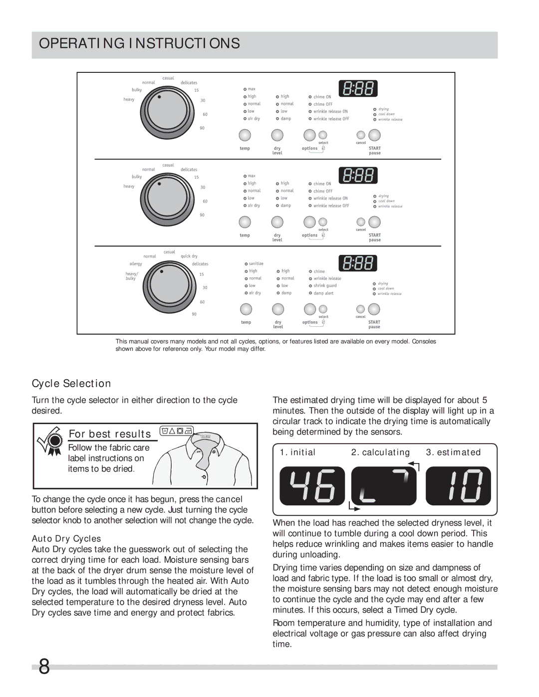 Frigidaire FAQE7001LW, FAQE7111LW Cycle Selection, For best results, Auto Dry Cycles, Initial Calculating Estimated 