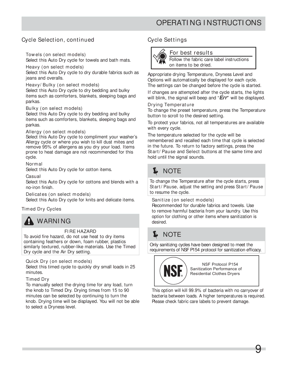 Frigidaire FAQE7001LW, FAQE7111LW-PKG, 137337100B12022 important safety instructions Cycle Settings For best results 