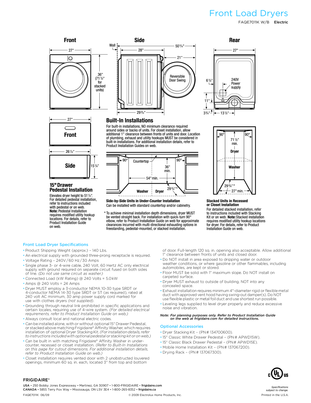 Frigidaire FAQe7011K W/B dimensions Front Load Dryer Specifications, Optional Accessories 