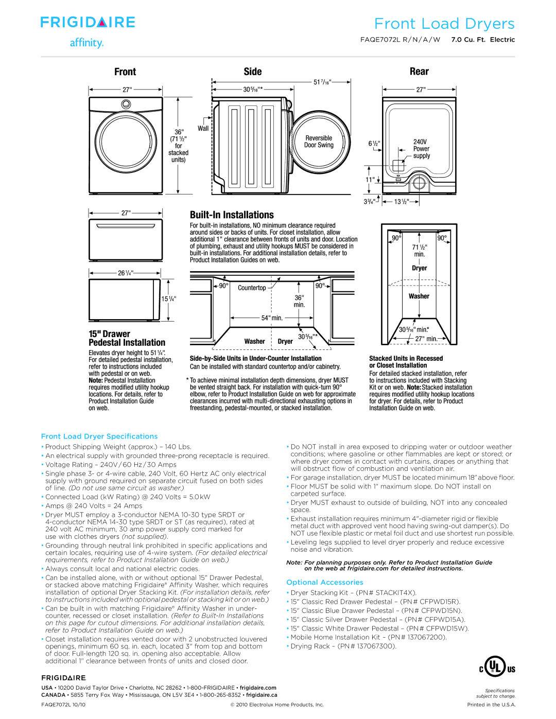 Frigidaire FAQE7072L R/N/A/W dimensions Front Load Dryer Specifications, Optional Accessories 