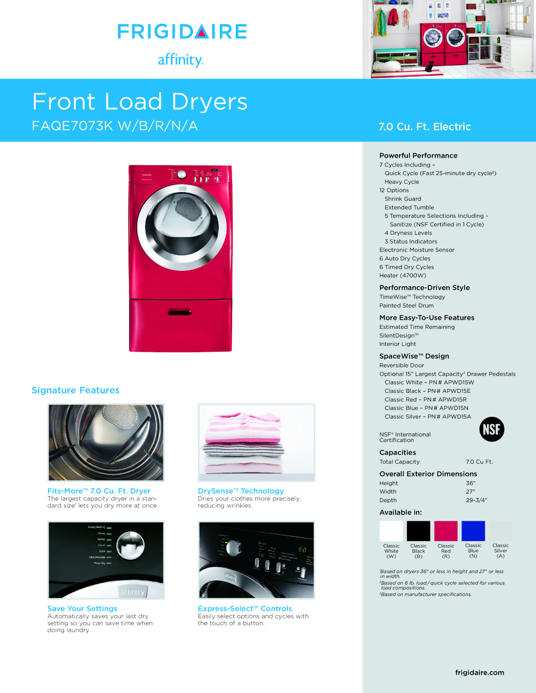 Frigidaire FAQE7073K W/B/R/N/A dimensions Fits-More 7.0 Cu. Ft. Dryer DrySense Technology 