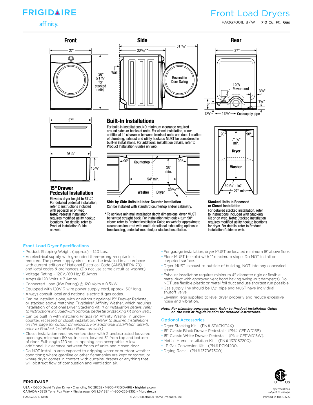 Frigidaire FAQG7001L B dimensions Front Load Dryer Specifications, Optional Accessories 